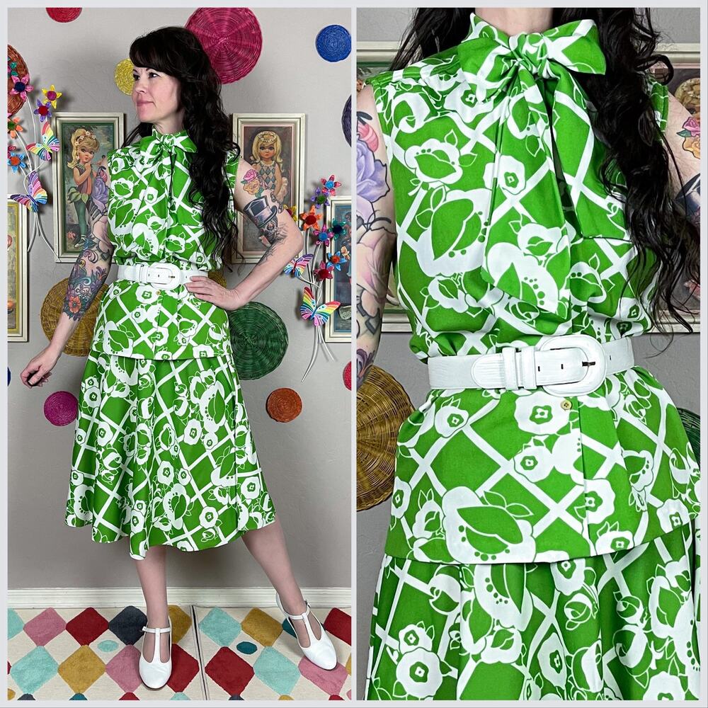 Vintage 1970s Lime Green 2-Piece Sleeveless Top and Skirt Matching Set
